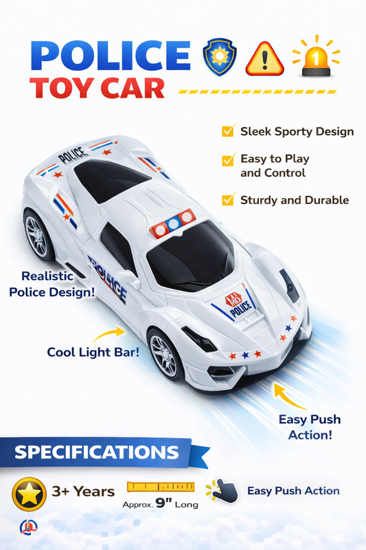 Police Toy Car for Kids, Push and Go Friction Powered Car with Lights, Realistic Police Design Toy Vehicle, Durable ABS Plastic Car for Boys & Girls (3+ Years)