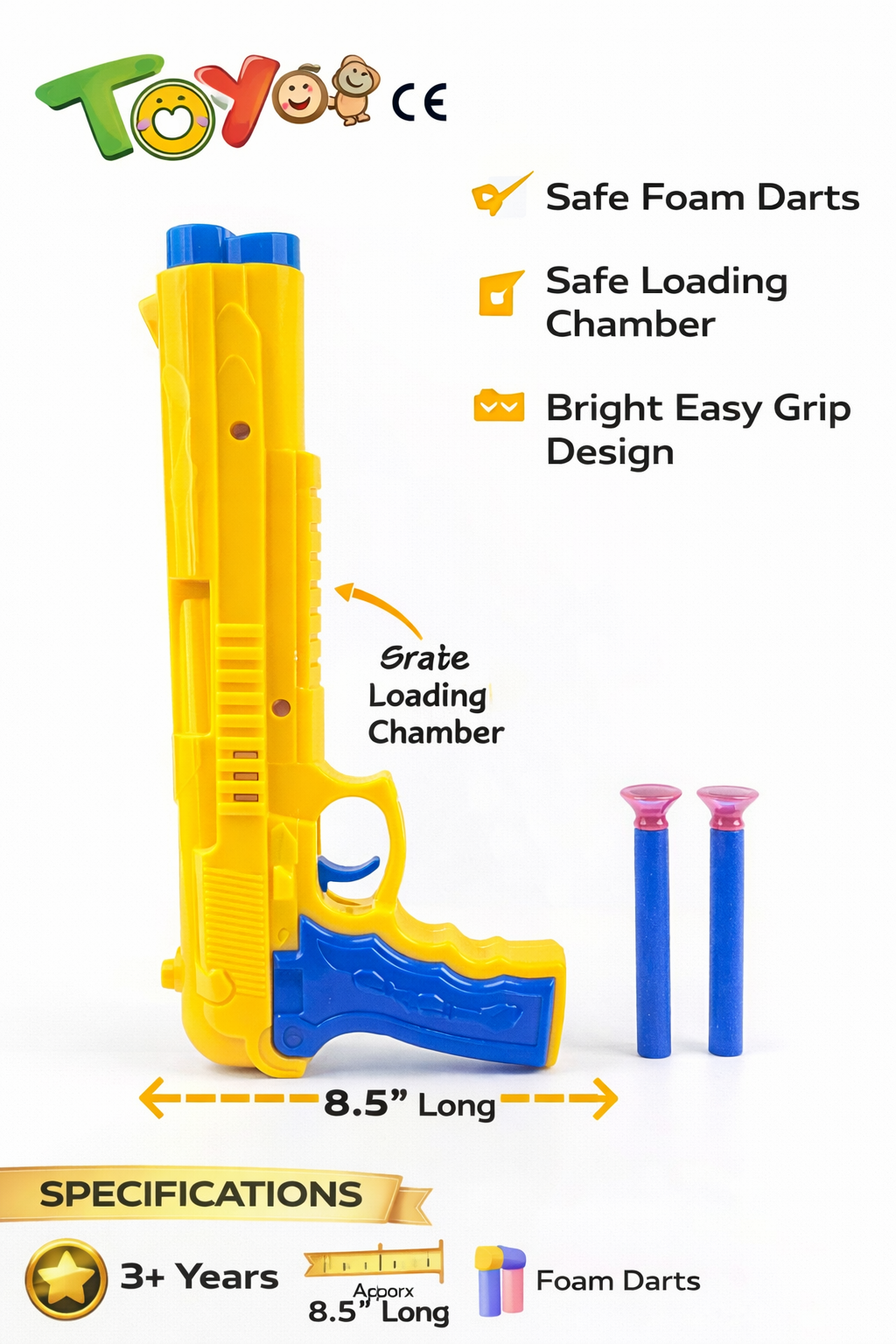 Foam Dart Toy Gun for Kids, Safe Soft Bullet Blaster with Easy Load Mechanism, Long Range Shooting up to 25 Feet, Lightweight Grip Toy Gun with Foam Darts (3+ Years)