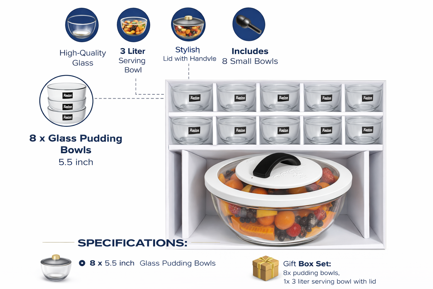 Glass Serving Bowl Set with Lid (1.5 Litre) + 6 Dessert Bowls (5.5 Inch) with Spoon | Premium Glass Pudding Bowl Set