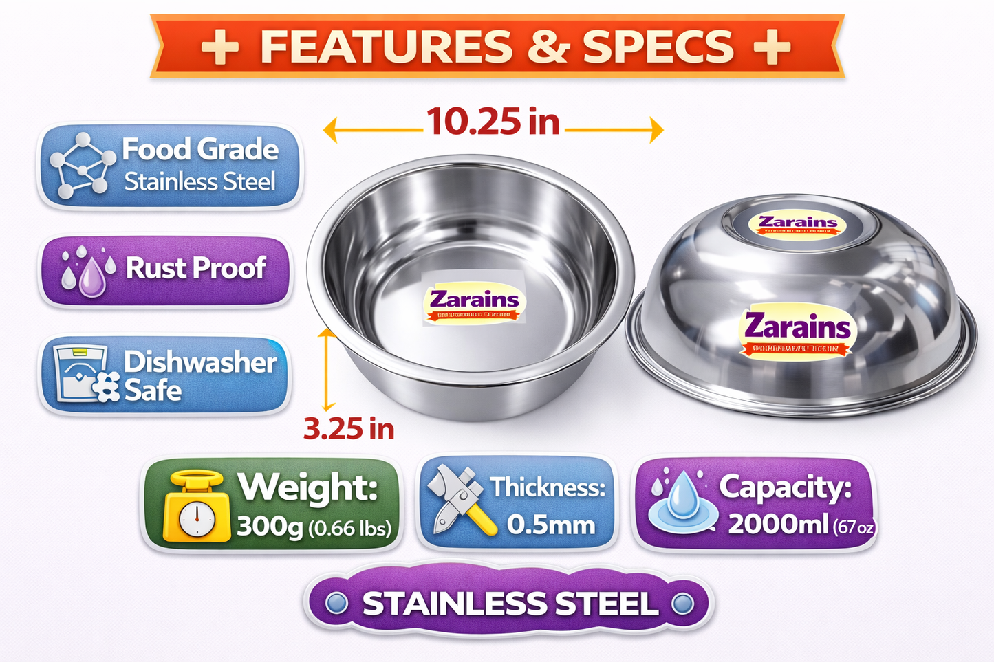 Stainless Steel Dog Bowl (2000ml / 67oz) – Large Food Grade Pet Bowl, Rust-Proof, Dishwasher Safe, Heavy Duty Feeding Bowl for Dogs & Pets
