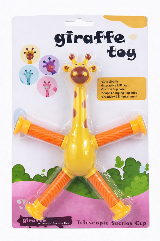 Giraffe Pop Tube Toy for Kids with LED Light, Suction Cup Legs, Stretchable & Bendable Sensory Toy, Interactive Fidget Toy for Toddlers Boys & Girls
