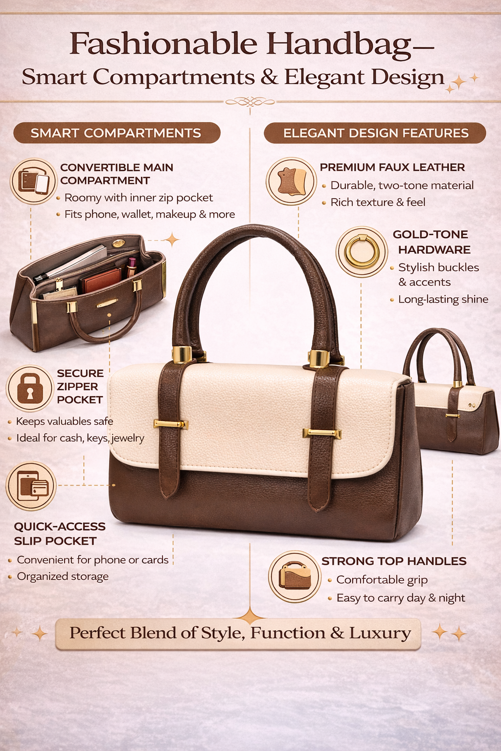 Two-Tone Faux Leather Handbag for Women | Stylish Structured Top Handle Purse with Gold Hardware