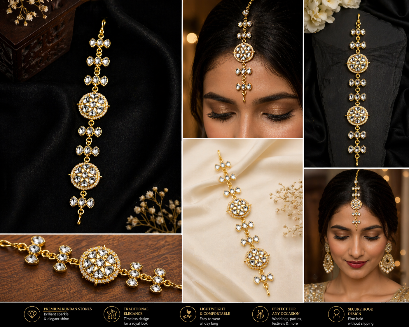 Traditional Kundan Style Hair Jewel Maang Tikka for Women – Gold-Plated Intricate Floral Indian Bridal Hair Accessory, Glass Stones Headpiece for Weddings, Festivals, and Ethnic Events