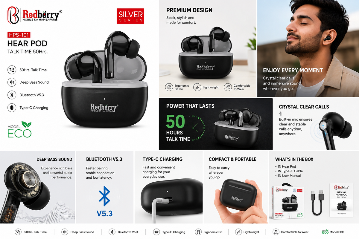 Redberry HPS-101 Hear Pod True Wireless Earbuds, Bluetooth 5.3, Up to 50 Hours Talk Time, Deep Bass Sound, ENC, Clear Calling, Touch Control, Type-C Charging, Auto Pairing, Lightweight Ergonomic Design, Black