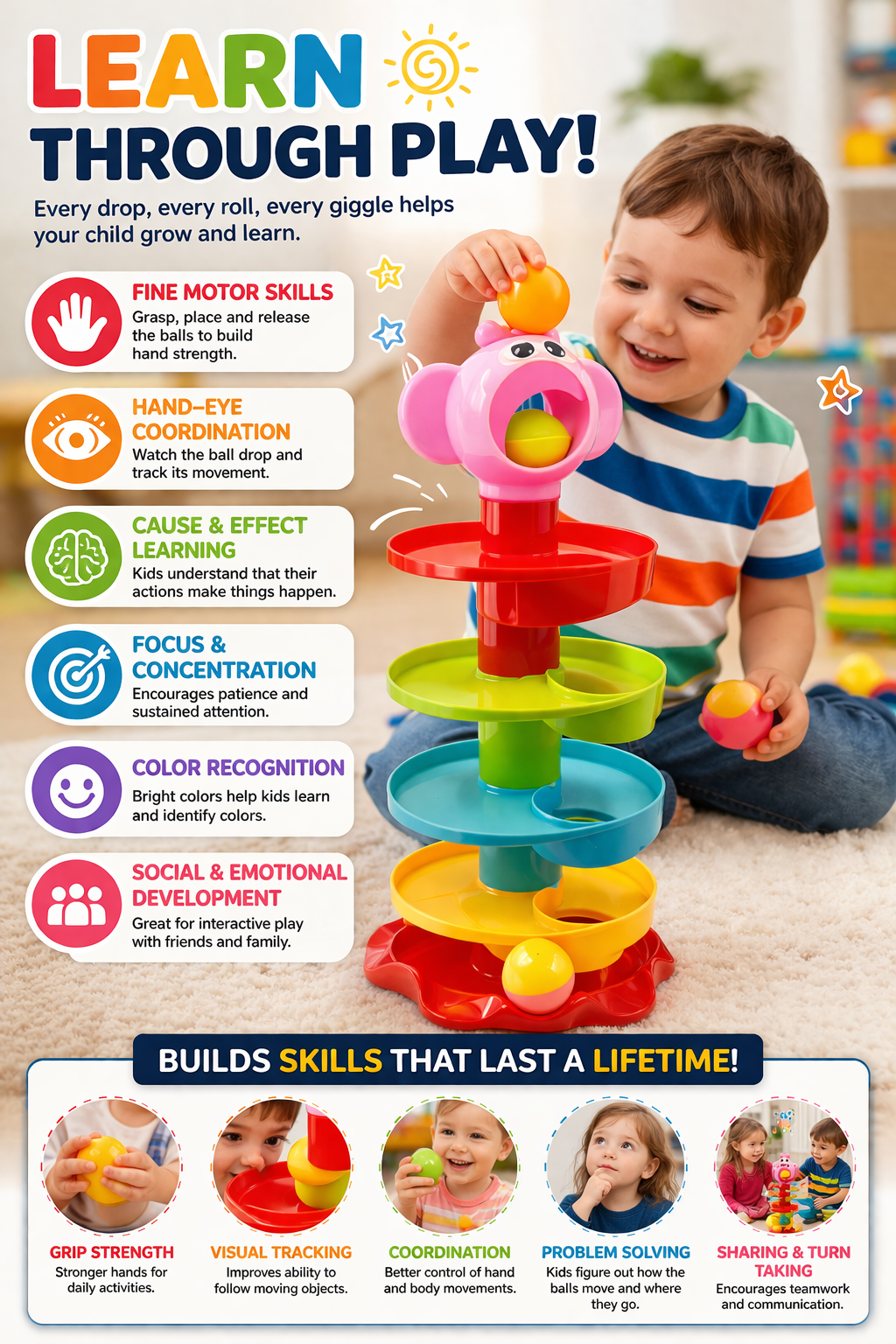 Ball Drop Toy for Kids | Multi-Level Spiral Ramp Tower with Balls | Montessori Learning Toy for Toddlers