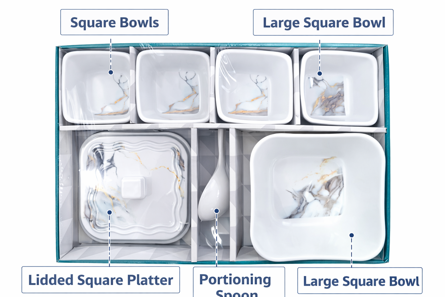 7-Piece Ceramic Serving Set with Square Bowls & Platter | 4 Small Bowls + 1 Large Bowl + 1 Lidded Platter + Spoon