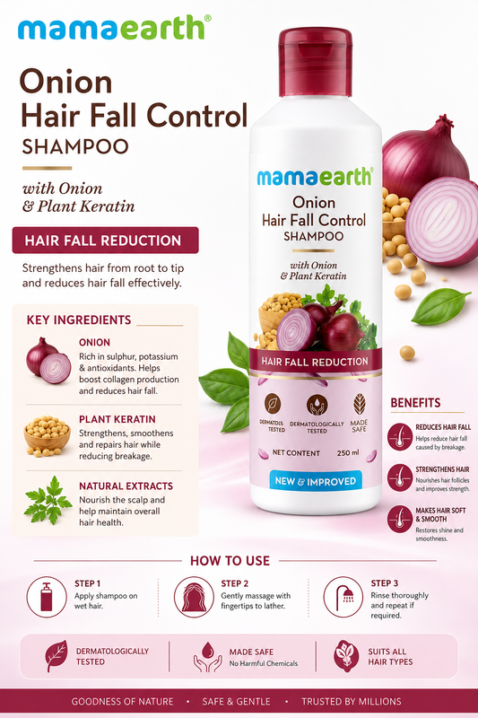 Mamaearth Onion Hair Fall Control Shampoo for Hair Growth – with Onion & Plant Keratin for Hair Fall Reduction, Strengthens Hair from Root to Tip, Dermatologically Tested & Made Safe, 250ml