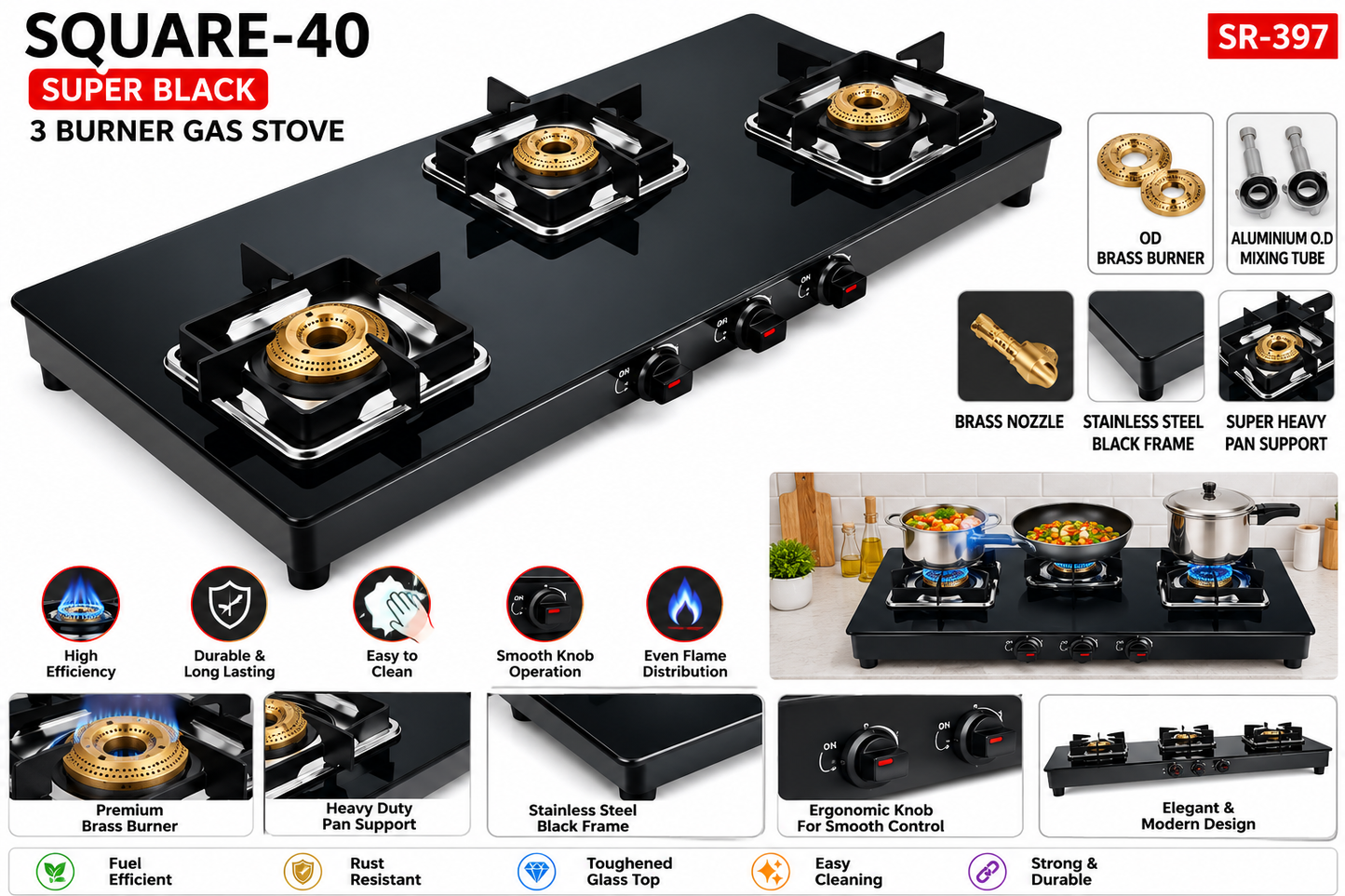 SR-397 Square-40 Super Black 3 Burner Gas Stove | Toughened Glass Top | Brass Burners | Stainless Steel Black Frame | Heavy Duty Pan Support | Manual Ignition LPG Gas Stove