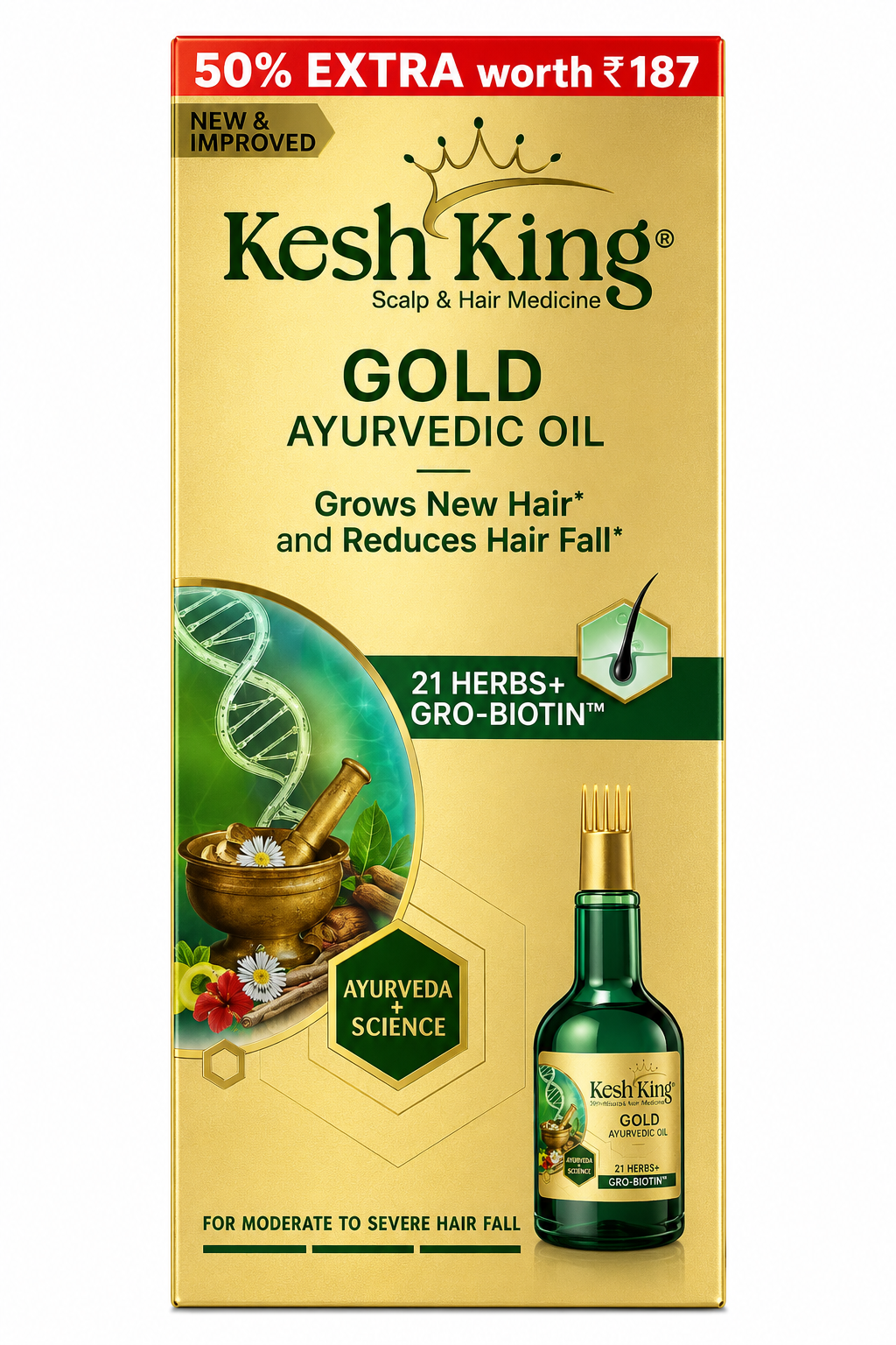 Kesh King Gold Ayurvedic Hair Oil | 21 Herbs + Gro-Biotin Formula | Helps Reduce Hair Fall & Supports Hair Growth | Nourishes Scalp & Strengthens Hair | Suitable for Men & Women