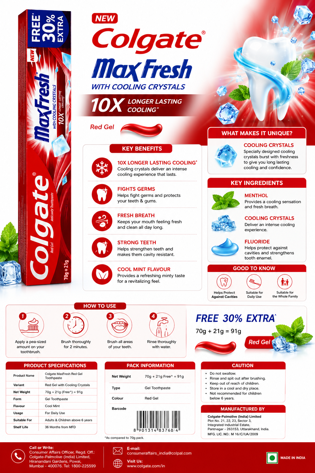 Colgate MaxFresh Red Gel Toothpaste 91g (70g + 21g Free) | With Cooling Crystals | Cool Mint Flavour | Fresh Breath & Cavity Protection | Gel Toothpaste for Adults & Kids Above 6 Years