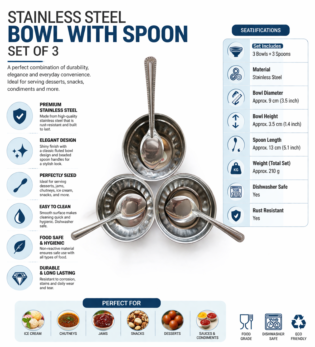 Stainless Steel Bowl & Spoon Set (3 Bowls + 3 Spoons) | Food Grade, Rust-Resistant, Durable & Lightweight