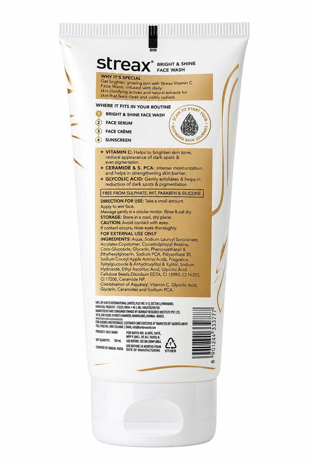 Streax Bright & Shine Face Wash with 4% Vitamin C & Glycolic Serum Complex, Ceramide, Deep Cleansing & Skin Brightening Face Cleanser, SLES & Paraben Free, 50 ml