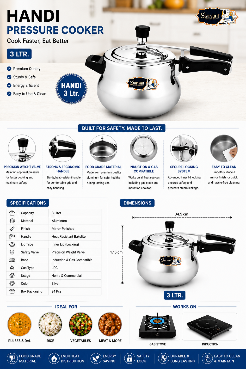 Starvant Handi Pressure Cooker 3 Litre | Aluminium Inner Lid Pressure Cooker | Induction & Gas Compatible | Mirror Finish | Precision Weight Valve | Silver