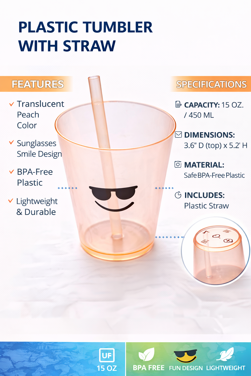 Plastic Tumbler with Straw 450ml (15oz) | BPA-Free Reusable Drinking Cup | Lightweight Durable Juice & Water Tumbler | Cute Smile Design | Kids & Adults Drinkware