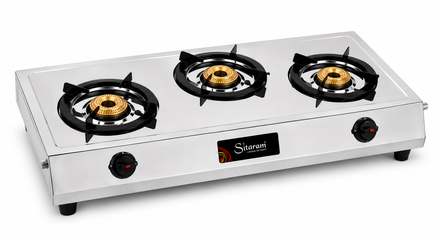 Sitaram Trinity 3 Burner Gas Stove | Stainless Steel Body | Brass Burners | Manual Ignition LPG Gas Stove | Heavy Duty Round Pan Support | Silver