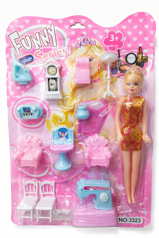 Funny Style Series 10-Piece Fashion Doll Play Set for Girls Ages 3+ | Includes Stylish Doll, Sewing Machine, & Dollhouse Furniture