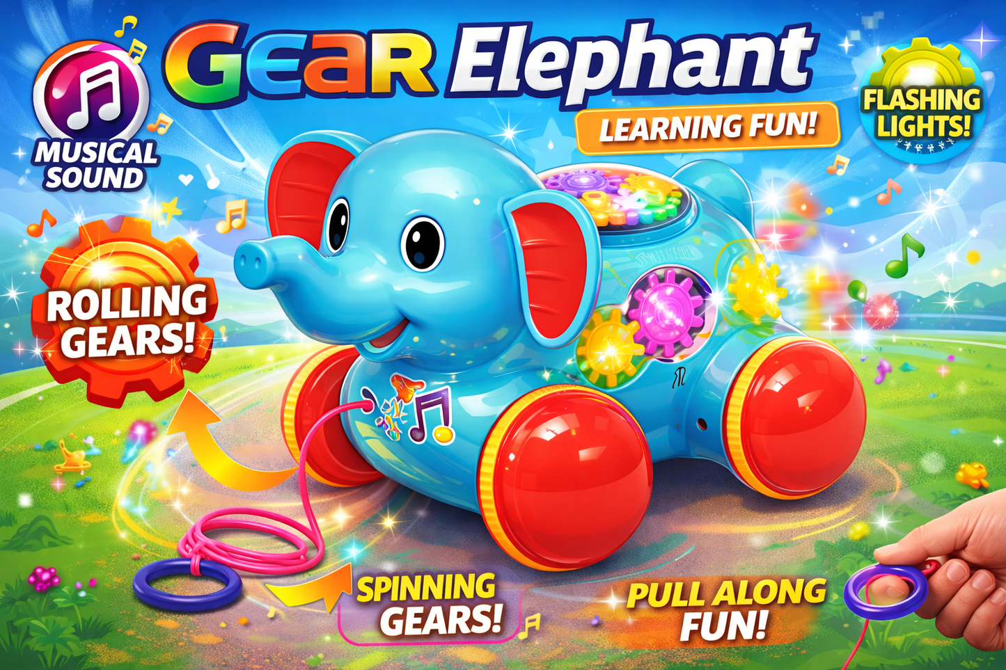 Gear Elephant Toy for Toddlers – Musical Light-Up Elephant with Spinning Gears, Pull Along Toy with LED Lights & Sound – Educational Baby Toy (18+ Months)
