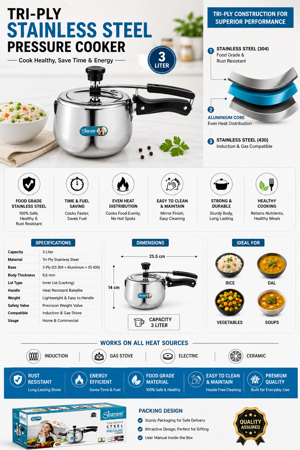 Sitaram Tri-Ply Stainless Steel Pressure Cooker 3 Liter | 304 Food Grade Stainless Steel | Induction & Gas Compatible | 3-Layer Base | Heavy Duty Cooker