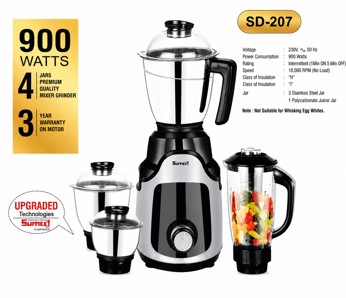Sumeet SD-207 Mixer Grinder 900 Watts | 4 Jars Including Juicer Jar | Stainless Steel Jars | 3 Speed Control with Incher | Heavy Duty Motor | Overload Protection | 3 Years Warranty