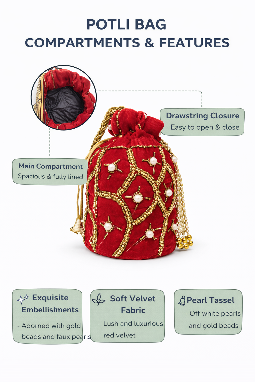 Red Velvet Potli Bag for Women, Embroidered Drawstring Ethnic Clutch Purse with Pearl Tassels and Gold Beadwork