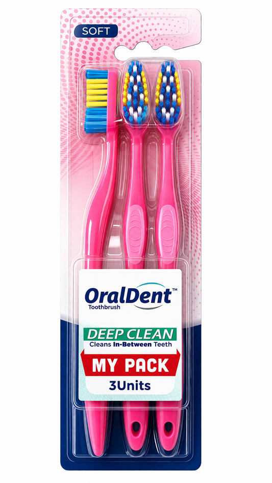 OralDent Deep Clean Toothbrush Pack of 3, Soft Bristles with Tongue Cleaner, Ergonomic Non-Slip Handle, Gentle Gum Care Toothbrush for Adults & Kids