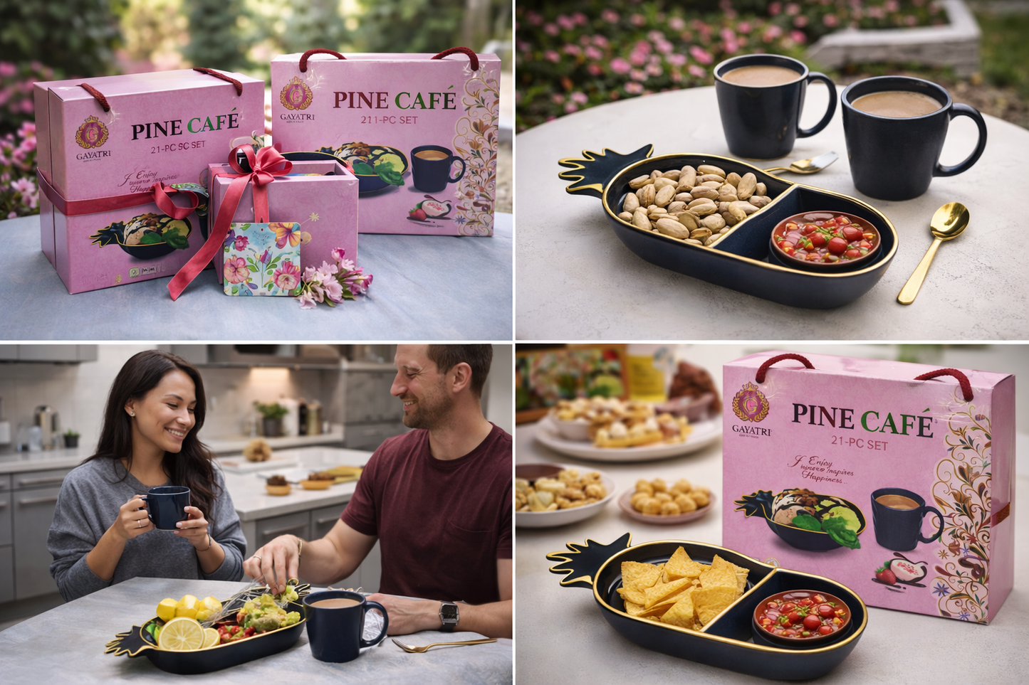 Pine Café 21-Piece Snack & Coffee Set with Pineapple Tray & 2 Cups | Premium Ceramic Serving Set