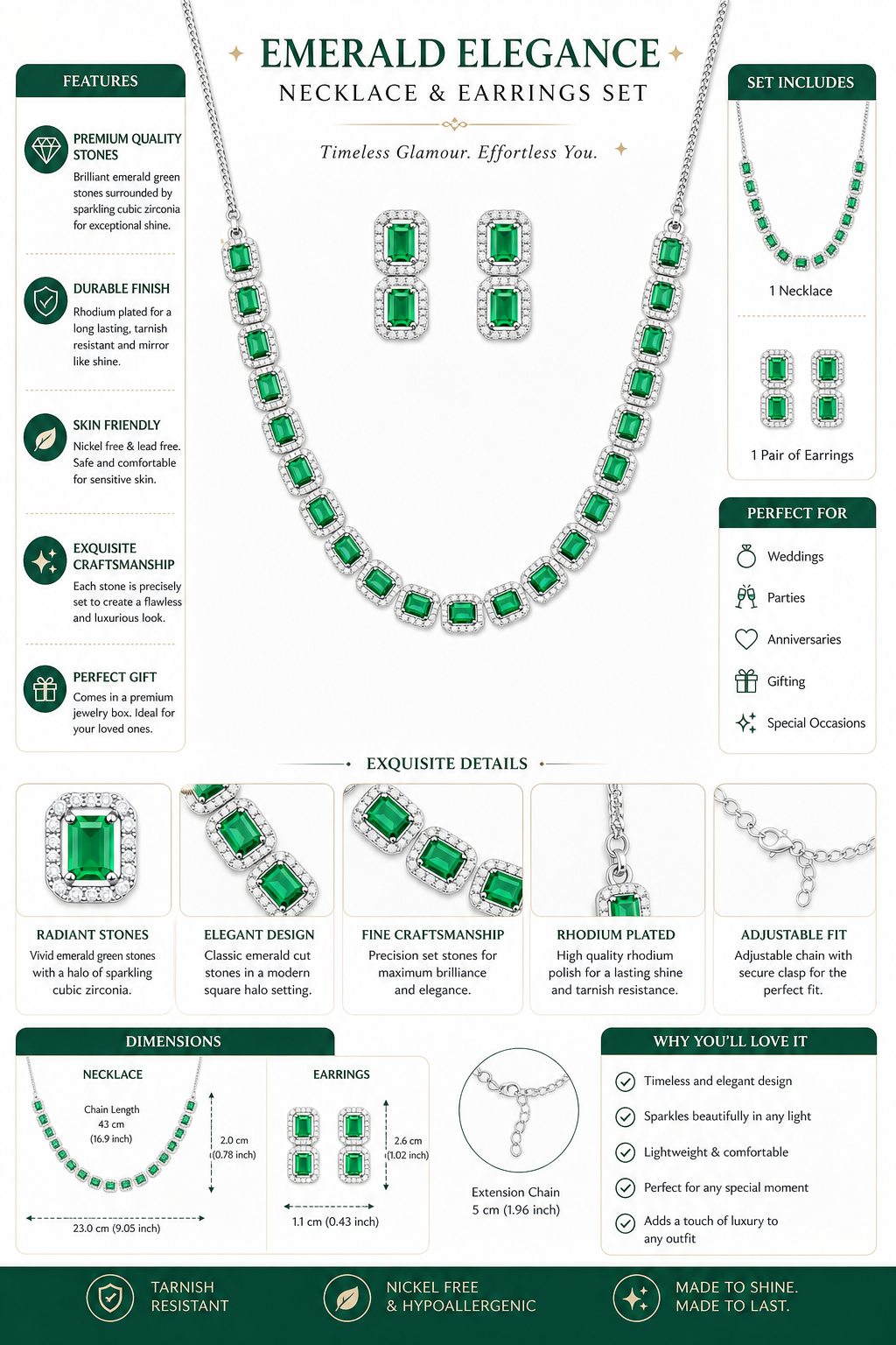 EMERALD ELEGANCE Necklace & Earrings Set Timeless Glamour. Effortless You.