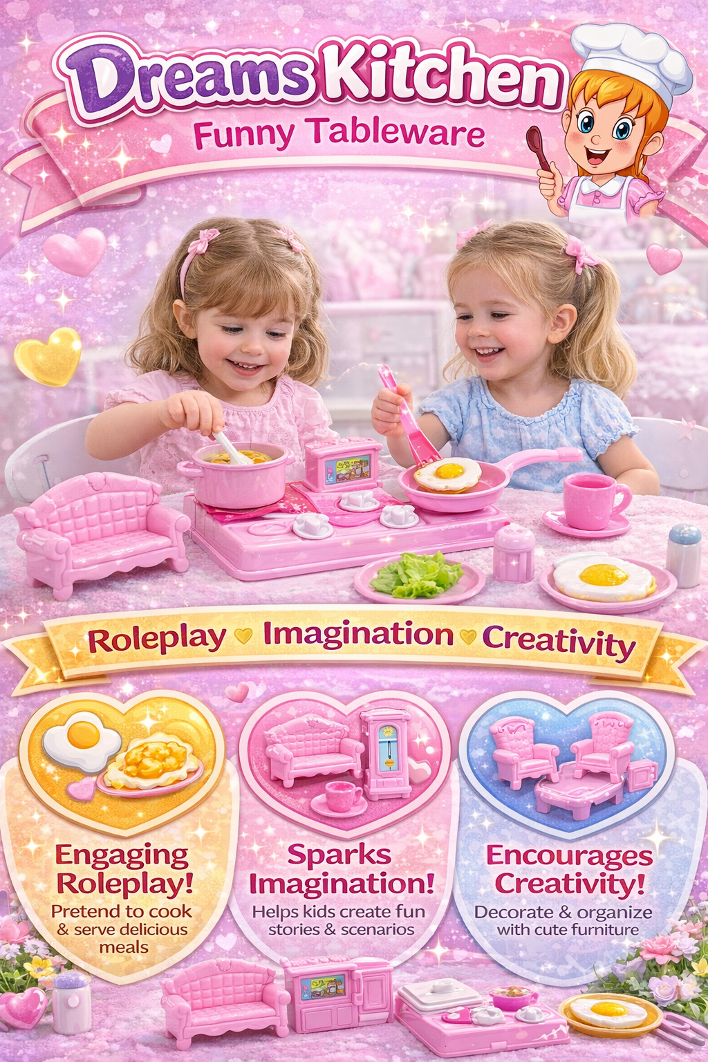 Dreams Kitchen Funny Tableware Play Set for Kids | Pretend Play Cooking & Dining Kit | Includes Toy Stove, Tableware, & Miniature Living Room Furniture