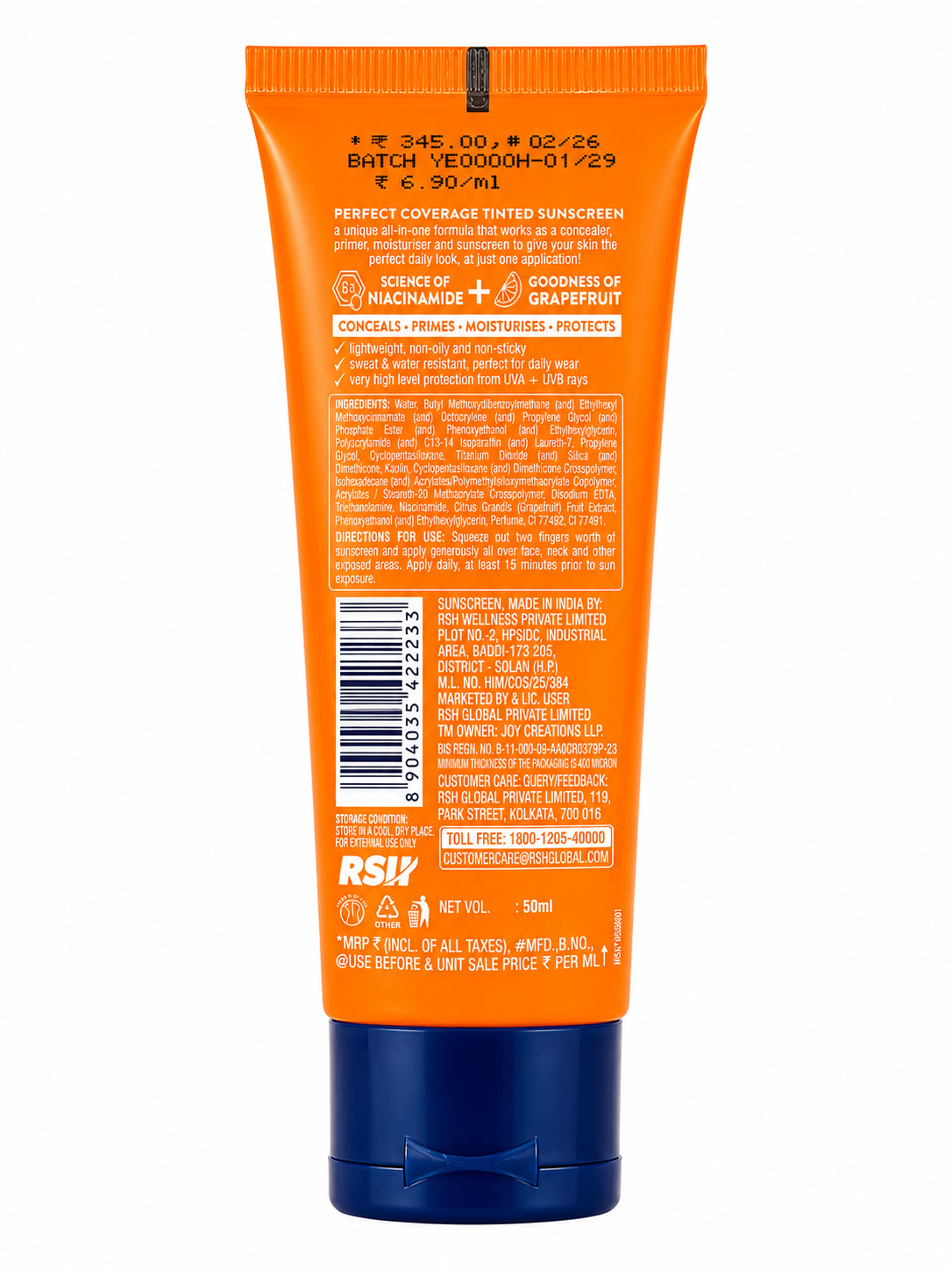 Joy Hello Sun Perfect Coverage Tinted Sunscreen SPF 50 PA++++ with Niacinamide & Grapefruit | Broad Spectrum UVA UVB Protection | Natural Skin Tint | Sweat & Water Resistant | Lightweight Non-Greasy Formula | 50 ml