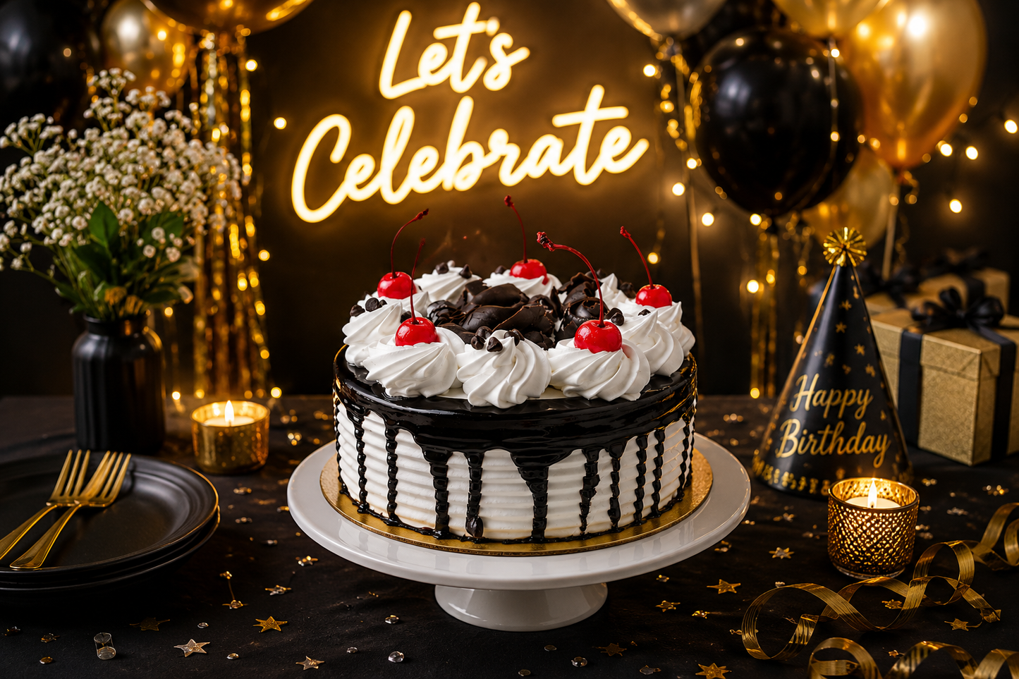 Premium Black Forest Cake (500 grams) | Rich Chocolate Cherry Cake | Fresh Cream Black Forest Cake | Designer Chocolate Cake | Birthday Cake | Anniversary Cake | Celebration Cake | Eggless Cake Option
