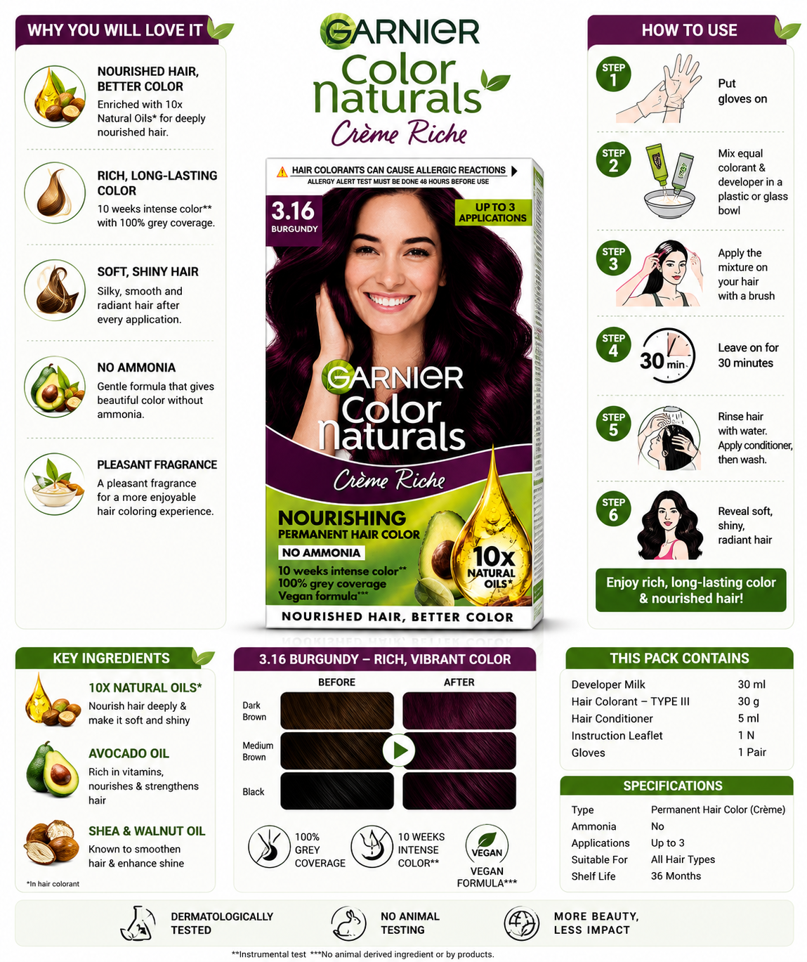 Garnier Color Naturals Crème Riche 3.16 Burgundy | Permanent Hair Color | 100% Grey Coverage | Ammonia-Free Formula with Natural Oils | Nourishing Hair Colour