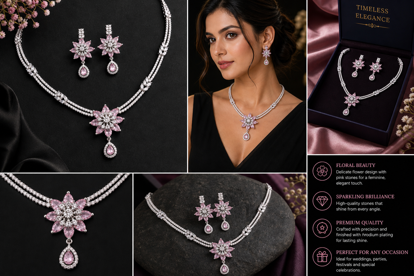 A graceful necklace and earring set featuring a floral-inspired design with sparkling pink and clear stones.