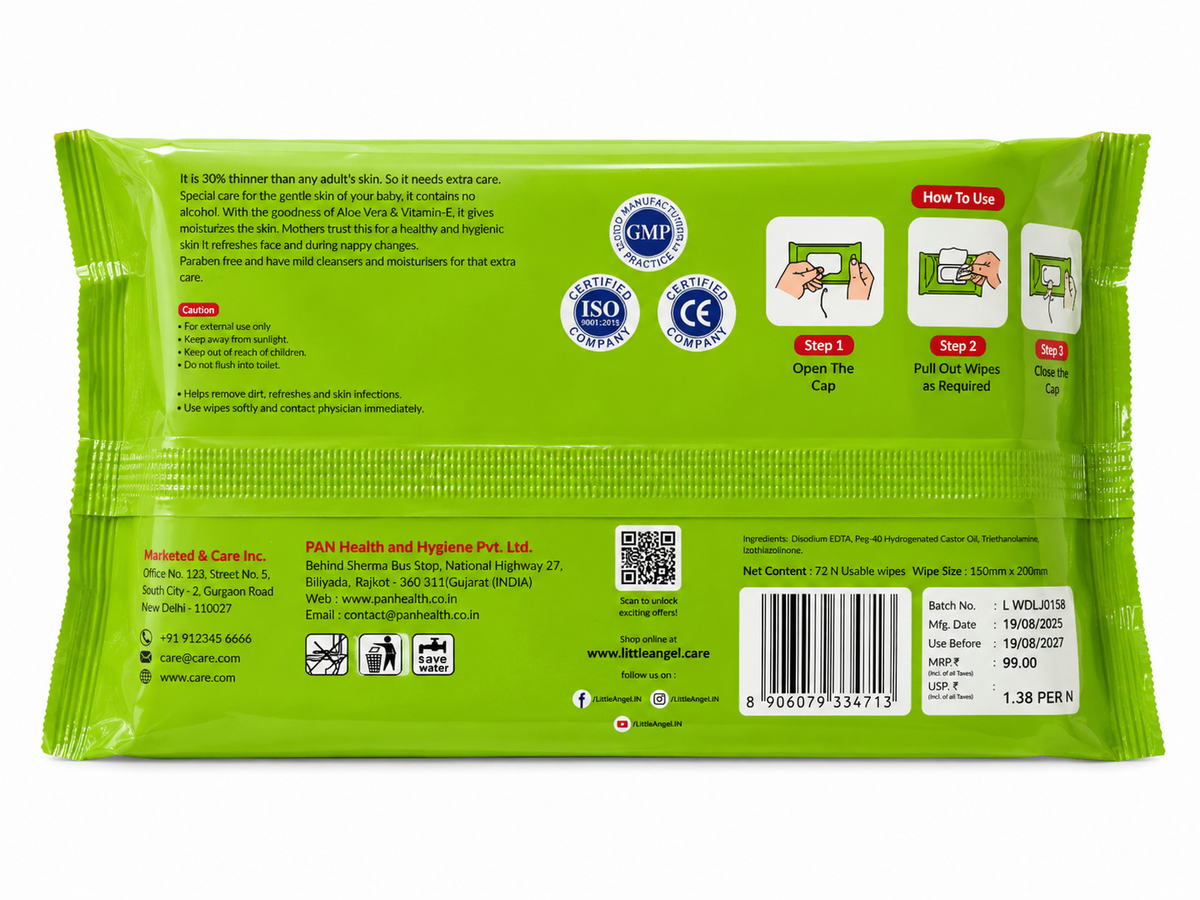Little Angel Dailycare Baby Wipes with Aloe Vera & Vitamin E | Soft & Thick Baby Wipes | Alcohol Free & Paraben Free | pH Balanced | Gentle Care for Baby Skin | 72 Wipes