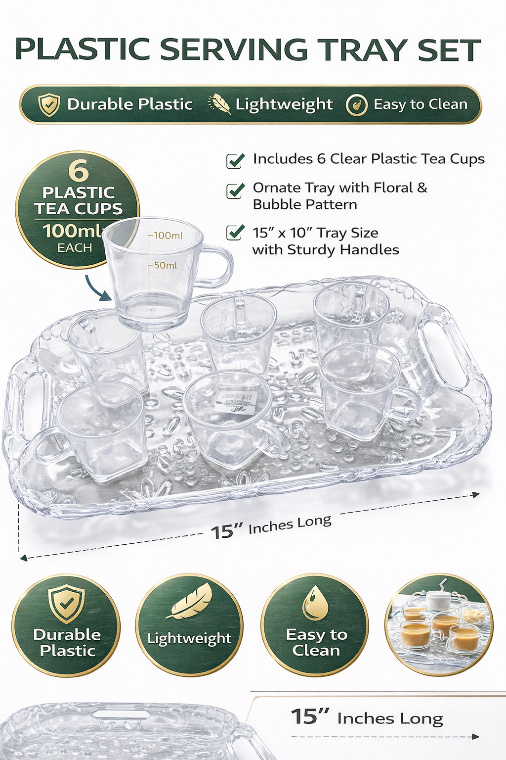 Plastic Serving Tray Set with 6 Tea Cups (100ml Each) | Transparent Durable Tray with Handles | Lightweight & Easy to Clean | Tea & Snacks Serving Set for Home, Office & Guests