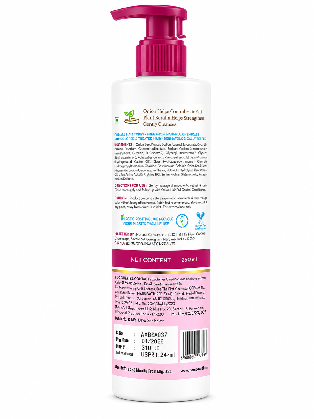 Mamaearth Onion Hair Fall Control Shampoo with Onion & Plant Keratin, Strengthens Hair & Helps Reduce Hair Fall, Sulfate & Paraben Free, For All Hair Types, 250 ml