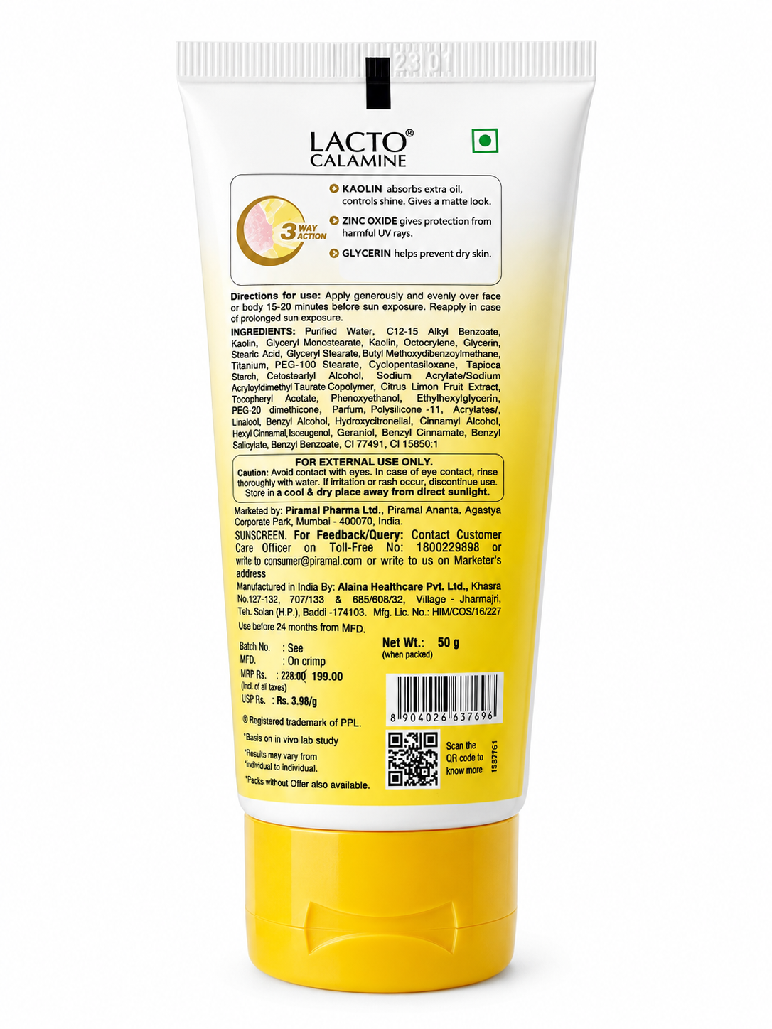 Lacto Calamine Sunscreen SPF 50 PA+++ for Oily Skin, Kaolin Clay & Lemon Extracts, UVA & UVB Protection, Oil Control Matte Finish, Water Resistant, Paraben Free, 50g