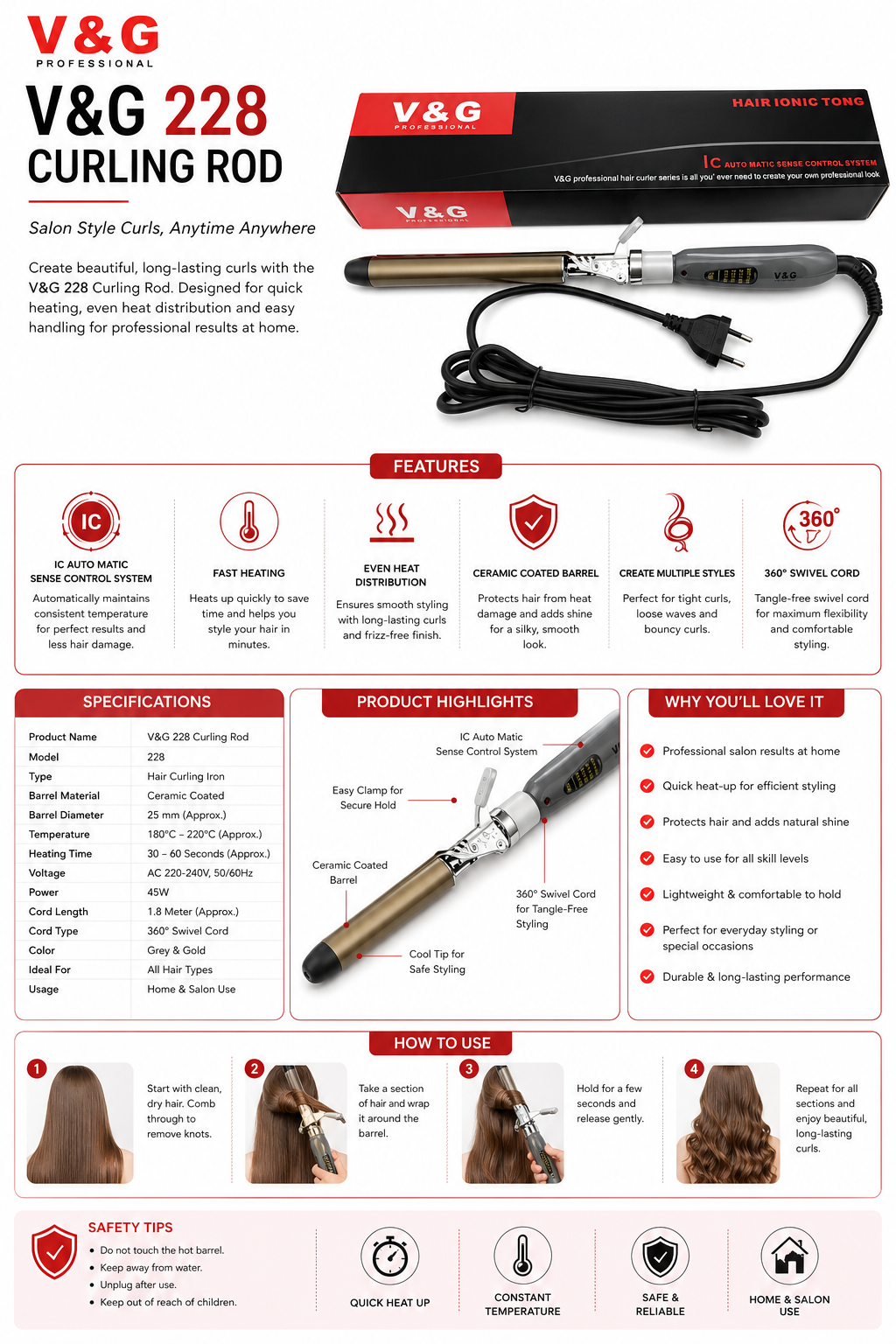 Harmal Store V&G 228 Professional Hair Curling Rod – 25mm Ceramic Coated Ionic Tong with IC Auto-Matic Sense Control – Quick Heating Salon-Style Curler for All Hair Types