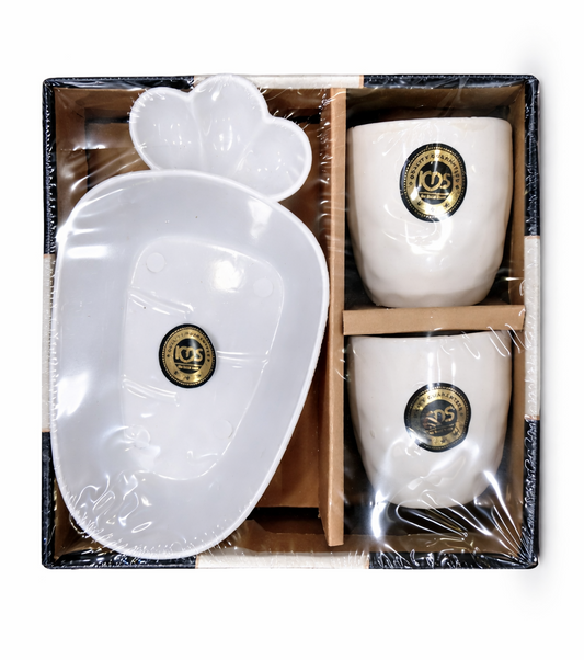3-Piece Ceramic Serving Set with Bowls & Designer Serving Dish | Premium Snack Serving Set with Gold Emblem |