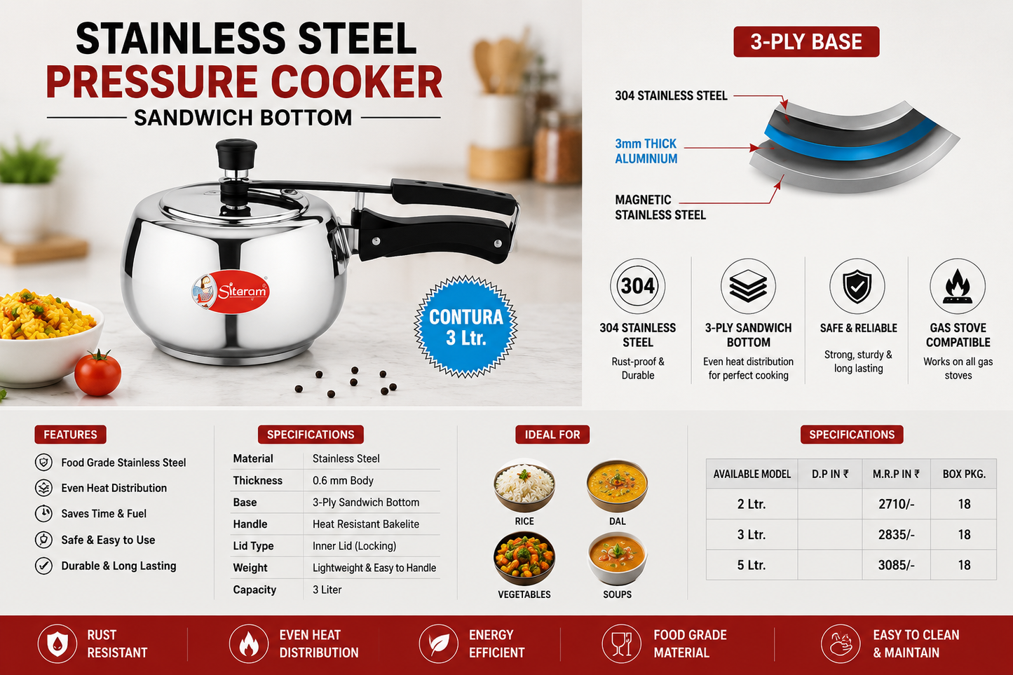 Sitaram Stainless Steel Pressure Cooker 5 Litre | Inner Lid Pressure Cooker | 3 Ply Sandwich Bottom | Induction & Gas Compatible | Food Grade Stainless Steel Cooker