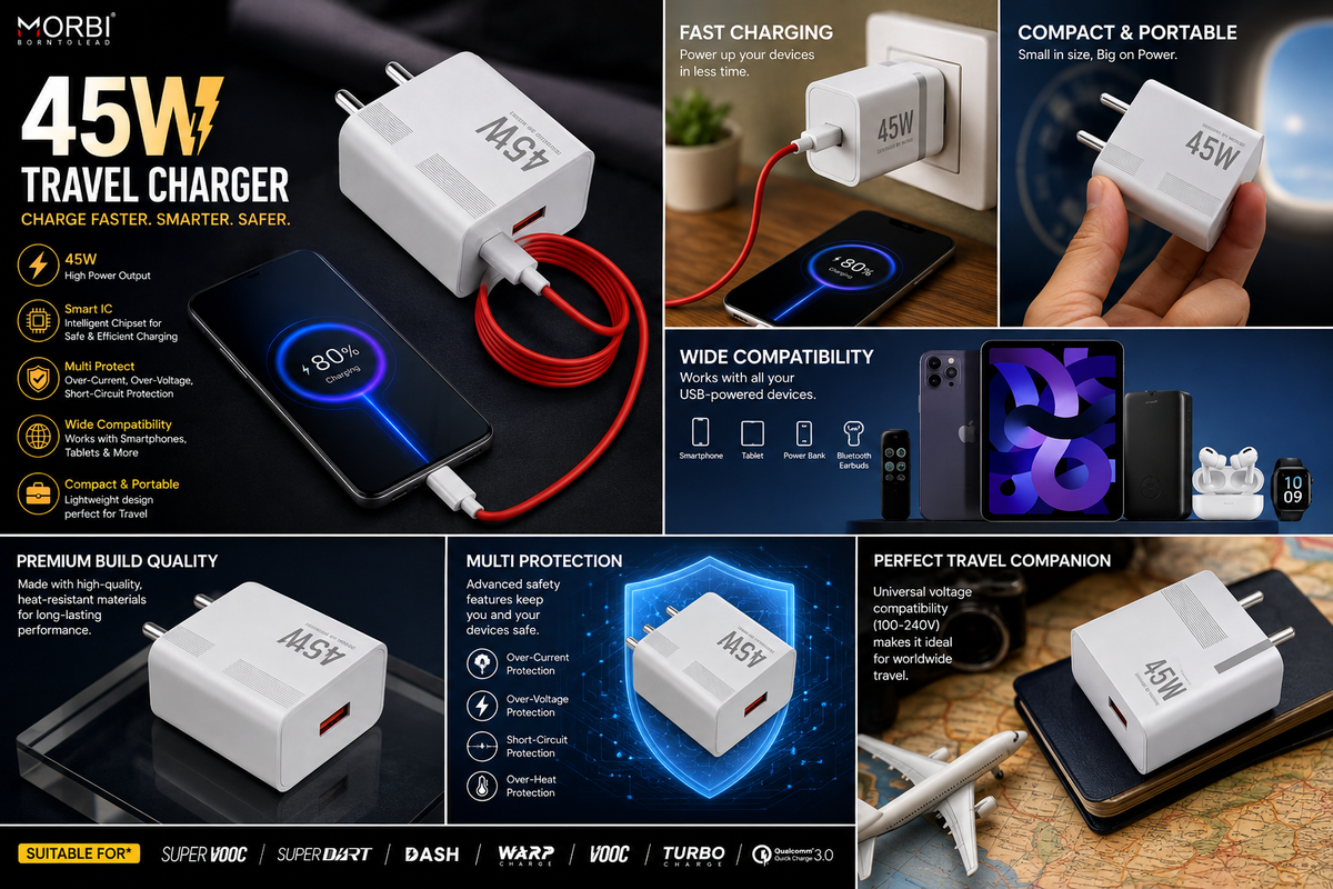 MORBI Thunder Pro 45W Travel Charger with USB-A Port, Multi Protocol Fast Charging Adapter, Smart IC, Multi Protection, 45W High Power Output, Compact Charger for Smartphones, Tablets & USB Devices