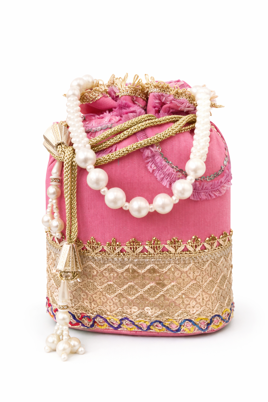 Pink Potli Bag for Women, Embroidered Drawstring Ethnic Clutch Purse with Pearl Handle and Tassels