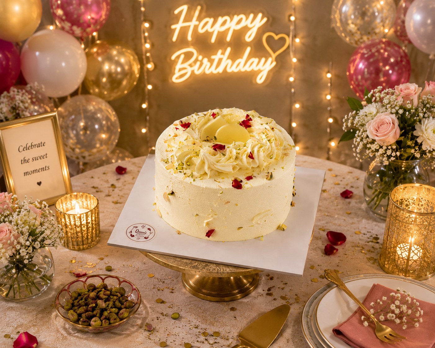 Queen's White Forest Cake (500 grams) | Premium Fresh Cream Cake with White Chocolate, Pistachio & Rose Petals | Birthday, Anniversary & Celebration Cake