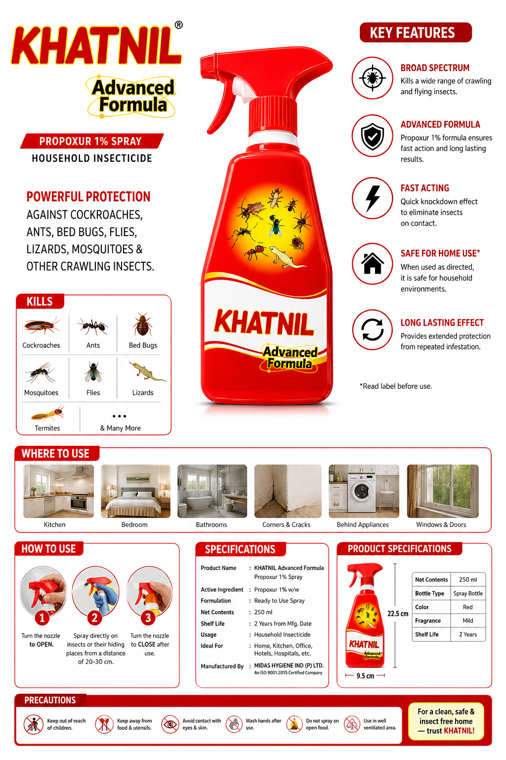 KHATNIL Advanced Formula PropoXur 1% Household Insecticide Spray, 250 ml | Cockroach, Ant, Bed Bug, Mosquito & Fly Control | Ready-to-Use Trigger Spray for Home