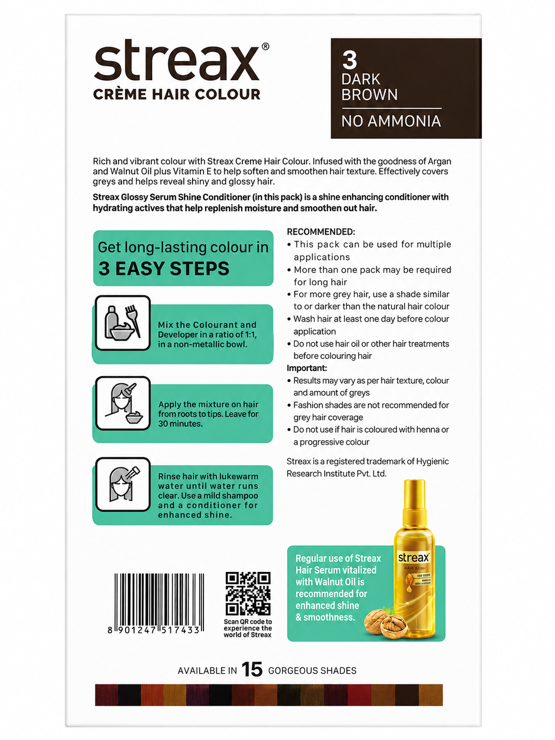 Streax Crème Hair Colour, Shade 3 Dark Brown, 100% Grey Coverage, Enriched with Argan & Walnut Oil, Vitamin B5 & E, Ammonia Free, Long-Lasting Colour