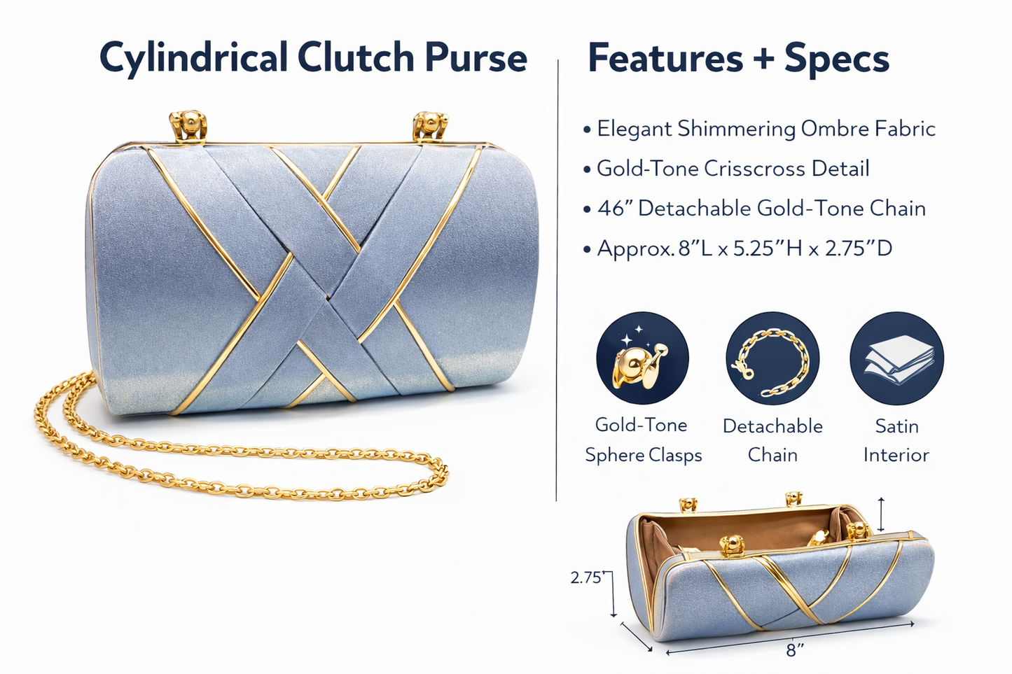 Cylindrical Evening Clutch for Women | Ombre Shimmer Party Handbag with Gold-Tone Chain, Sphere Clasp & Satin Interior