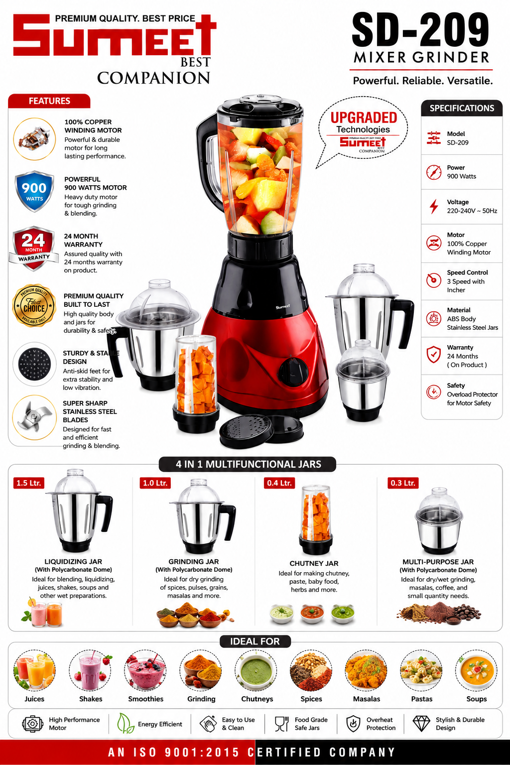 Sumeet SD-209 Mixer Grinder 900W | 4 Stainless Steel Jars (1.5L Liquidizing, 1L Grinding, 0.4L Chutney & 0.3L Multi-Purpose) | 100% Copper Motor | 3 Speed Control | Red & Black