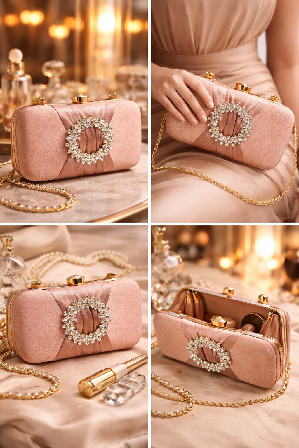 Blush Pink Evening Clutch for Women | Rhinestone Wreath Party Handbag with Gold-Tone Clasp & Satin Interior