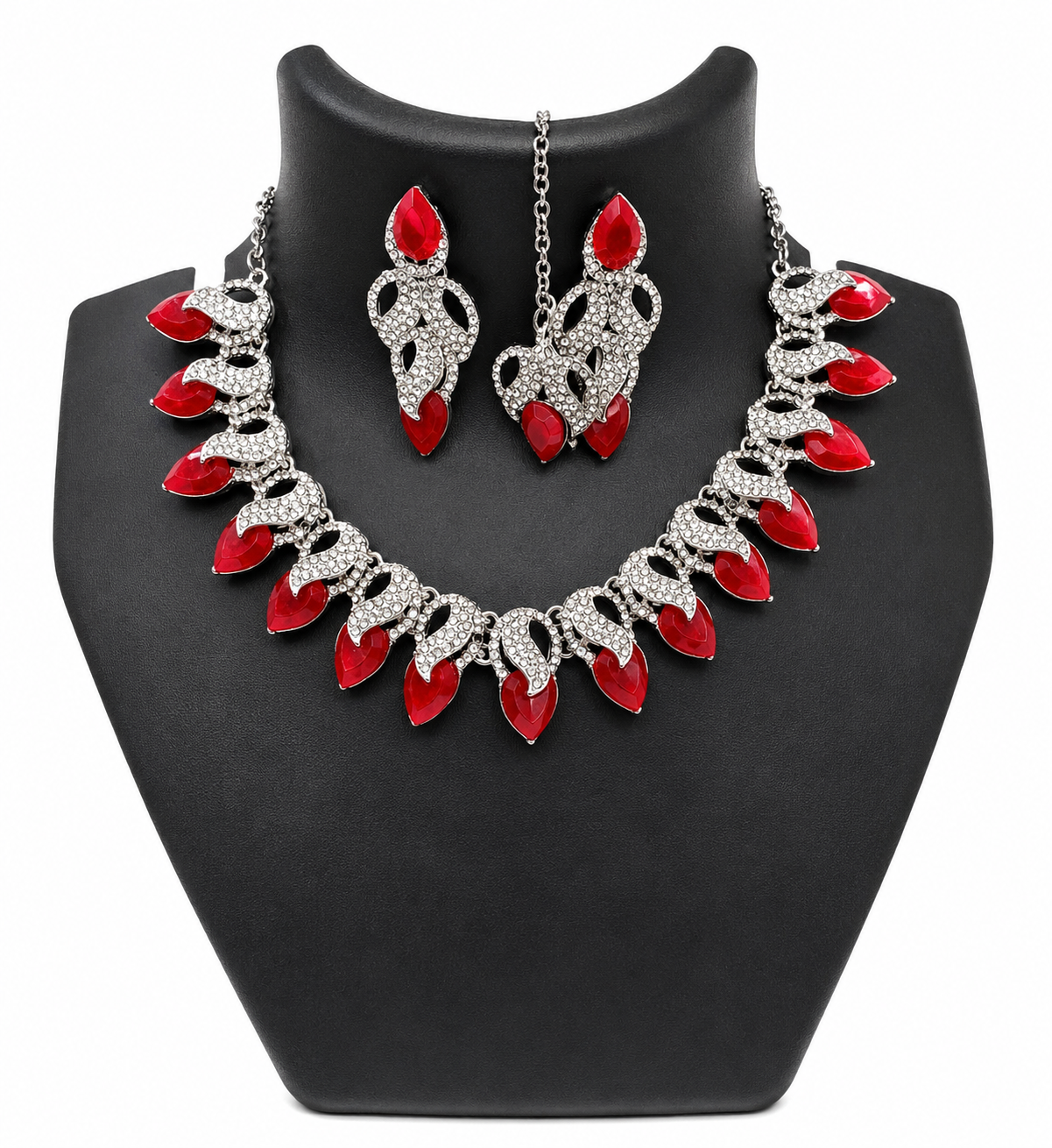 Ruby Leaf Jewelry Set for Women | Red Crystal Necklace Set with Earrings & Maang Tikka | Silver Tone Bridal Wedding Jewelry Set