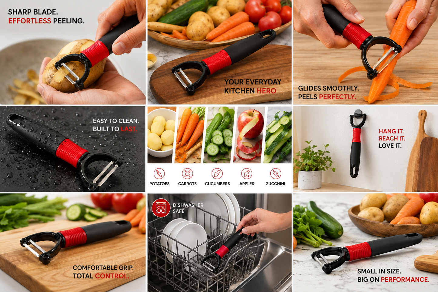 Royal Y Peeler for Kitchen, Stainless Steel Sharp Blade Vegetable & Fruit Peeler, Ergonomic Non-Slip Handle, Rust Resistant, Easy to Clean Potato Carrot Cucumber Apple Peeler, Black & Red