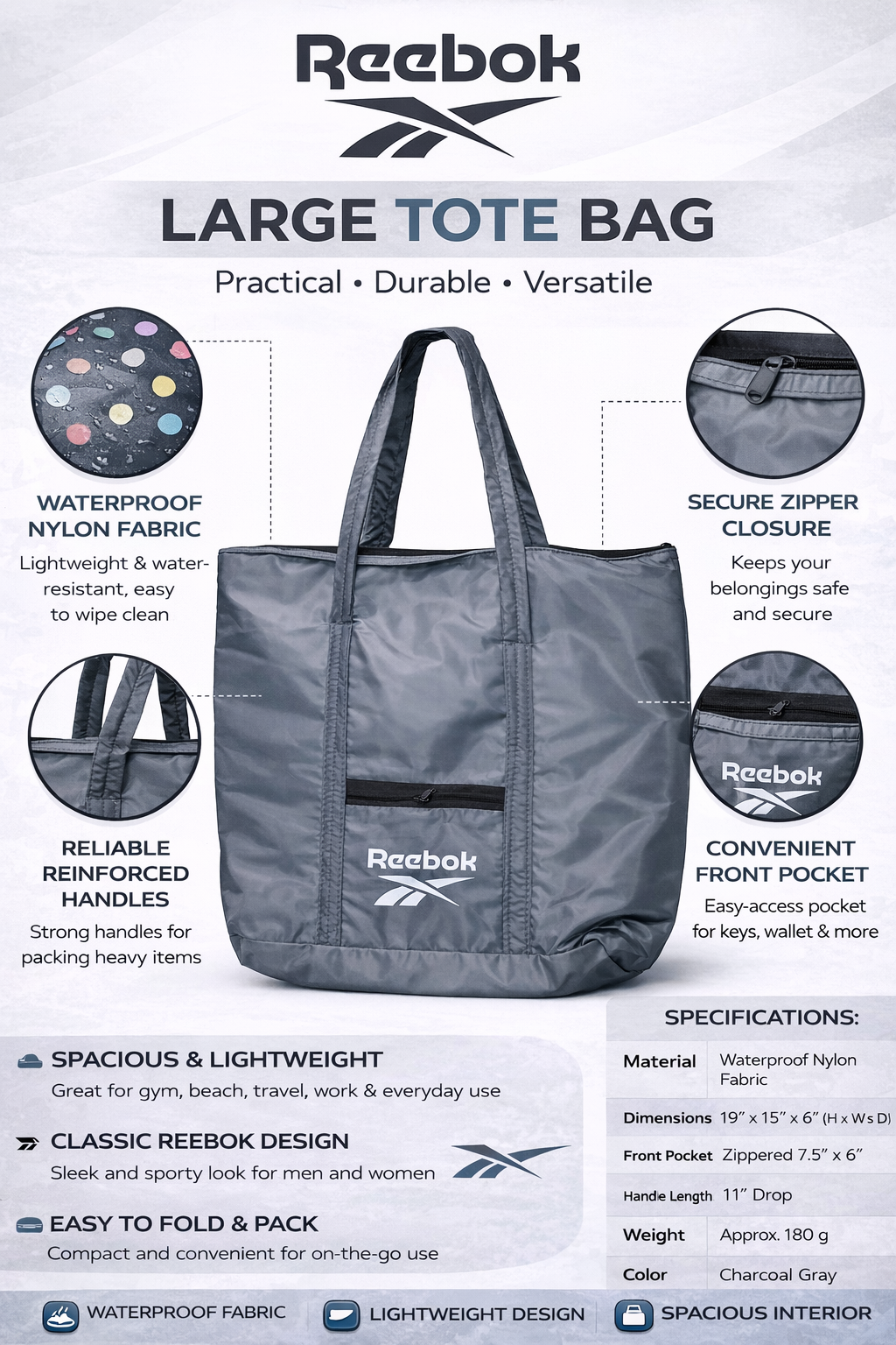 Reebok Large Tote Bag for Women & Men, Waterproof Nylon Travel Tote with Zipper Closure and Front Pocket, Charcoal Grey